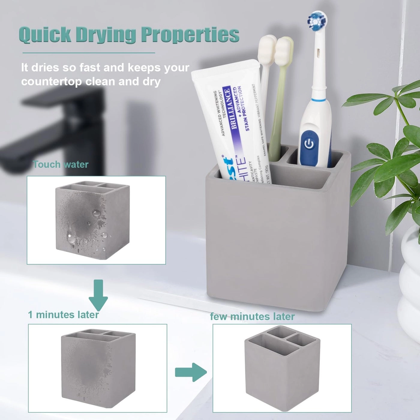 Diatomite Toothbrush Holder - Bathroom Countertop Shower Vanity 3 Slots