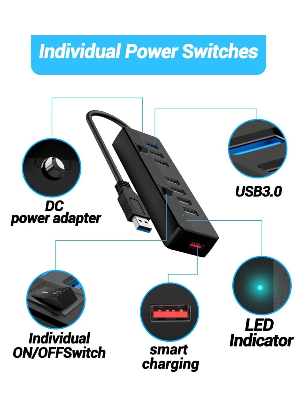 USB 3.0 Hub - 6-Port 5Gbps 3.3ft Cable
