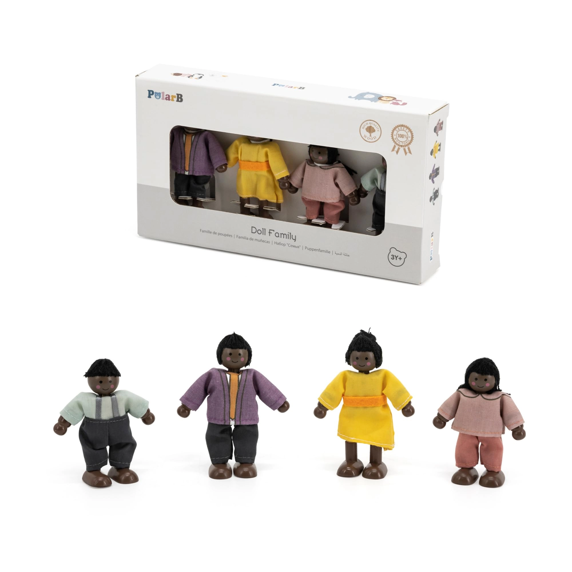 PolarB Wooden Dolls Family Play - 3 years and up mom, dad, son, daughter 4 characters