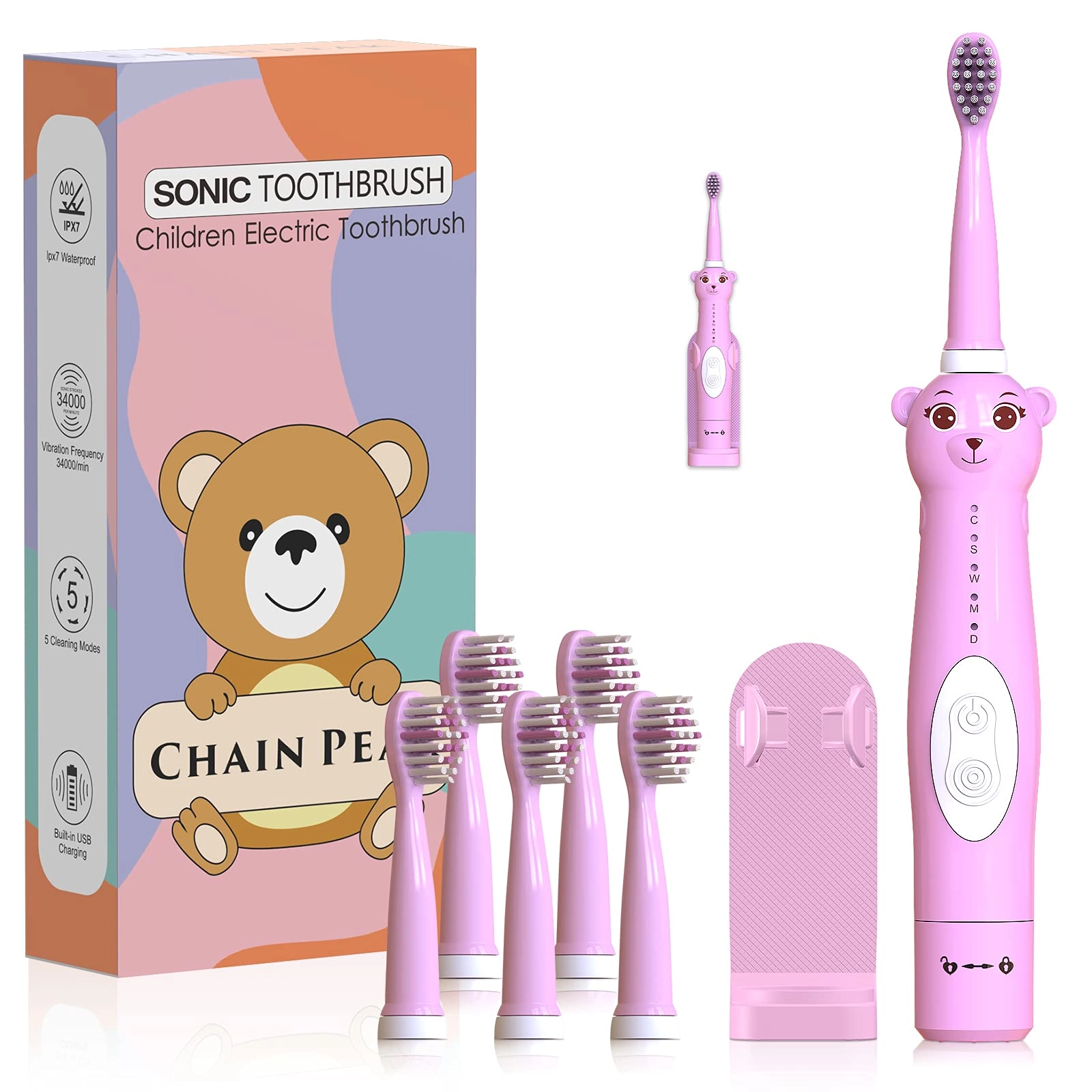 Kids Sonic Electric Toothbrush - Rechargeable 6 Brush Heads 2 Min Timer