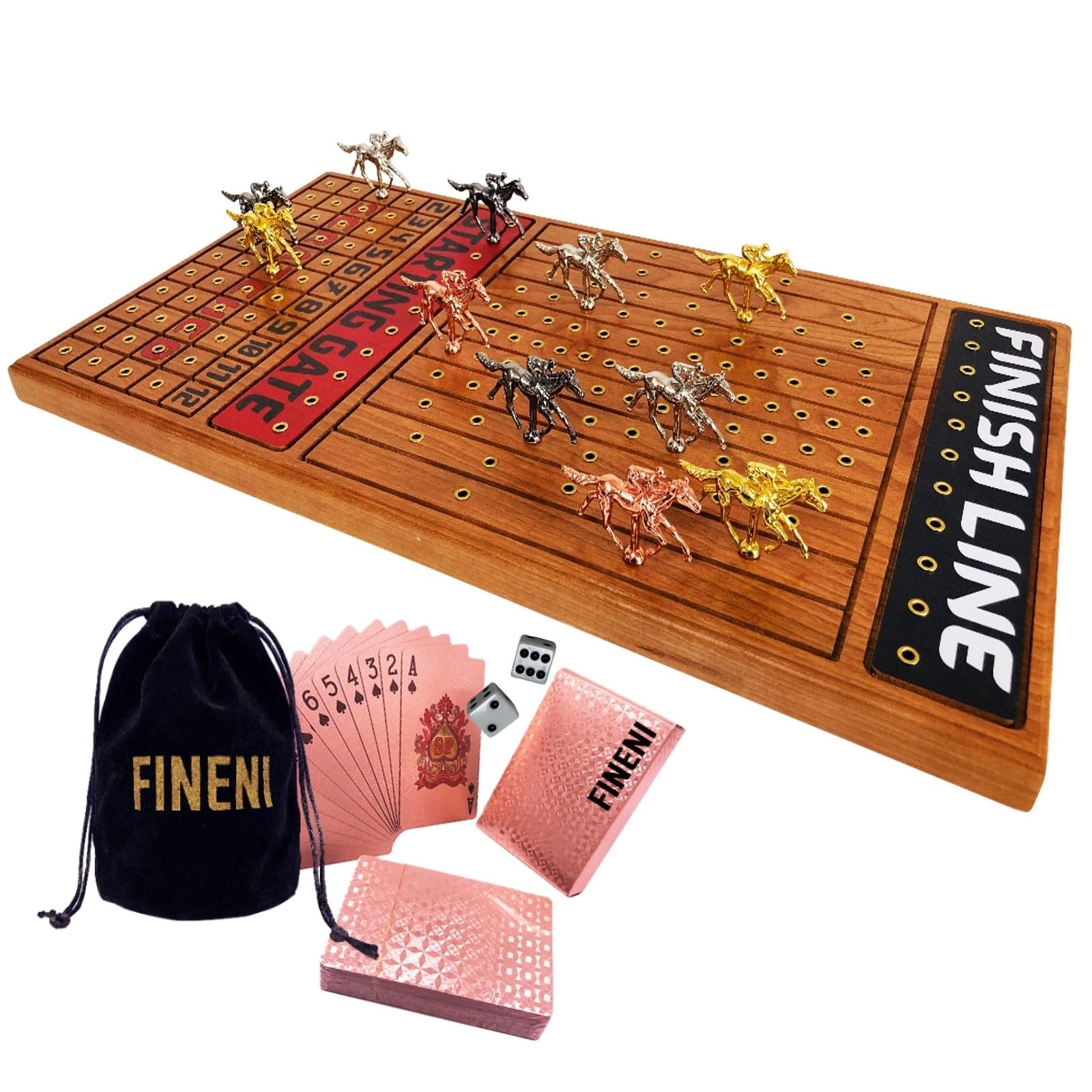 FINENI Horse Racing Game - 11 Metal Horses 22” Cherry Wood Board