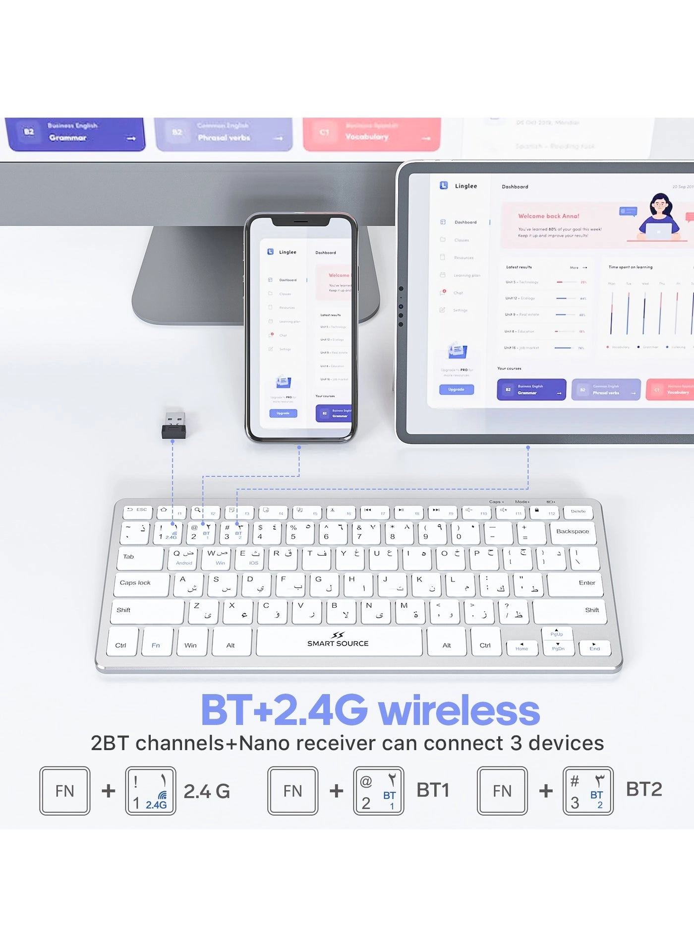 Multi-Device Wireless Keyboard - EN/AR Wireless