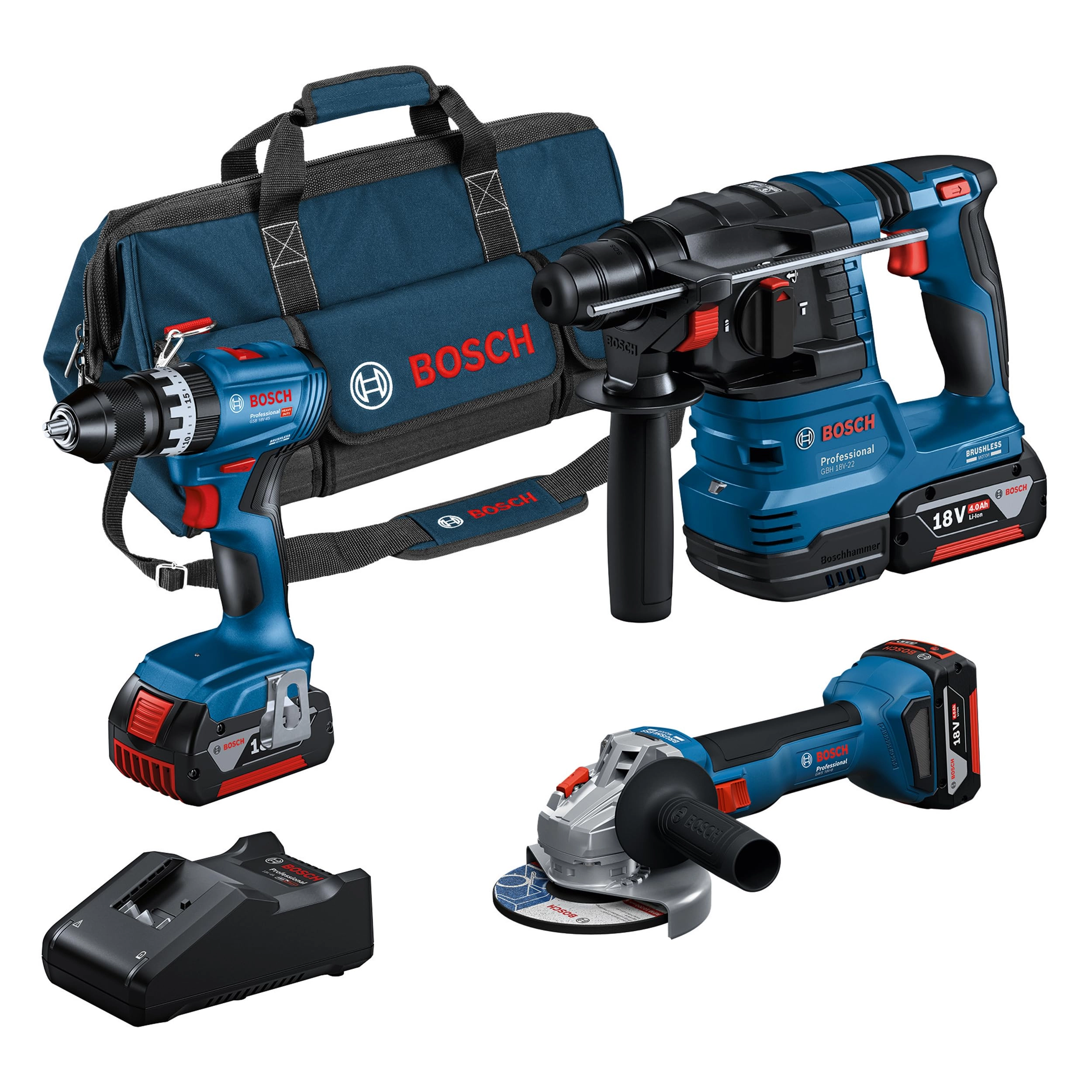 Bosch GSB 18V-50 + GBH 185 + GWS 18V-8 + GBA 4.0 Ah Battery - 3 x + GAL 18V-40 Charger + M-BAG Case