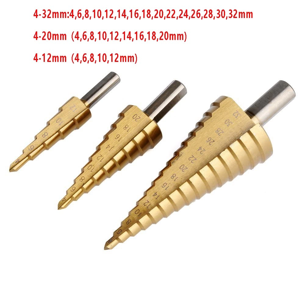 Step Drill Bit - HSS Titanium Coated 3 Pcs 4-12/20/32mm