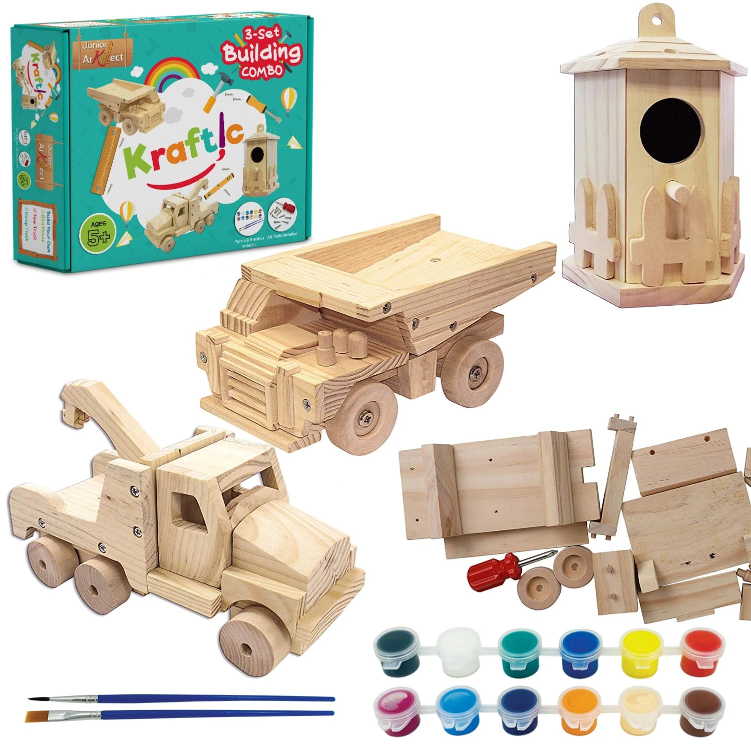 kraftic Woodworking Building Kit - 3 DIY Projects 9"x5"x5"