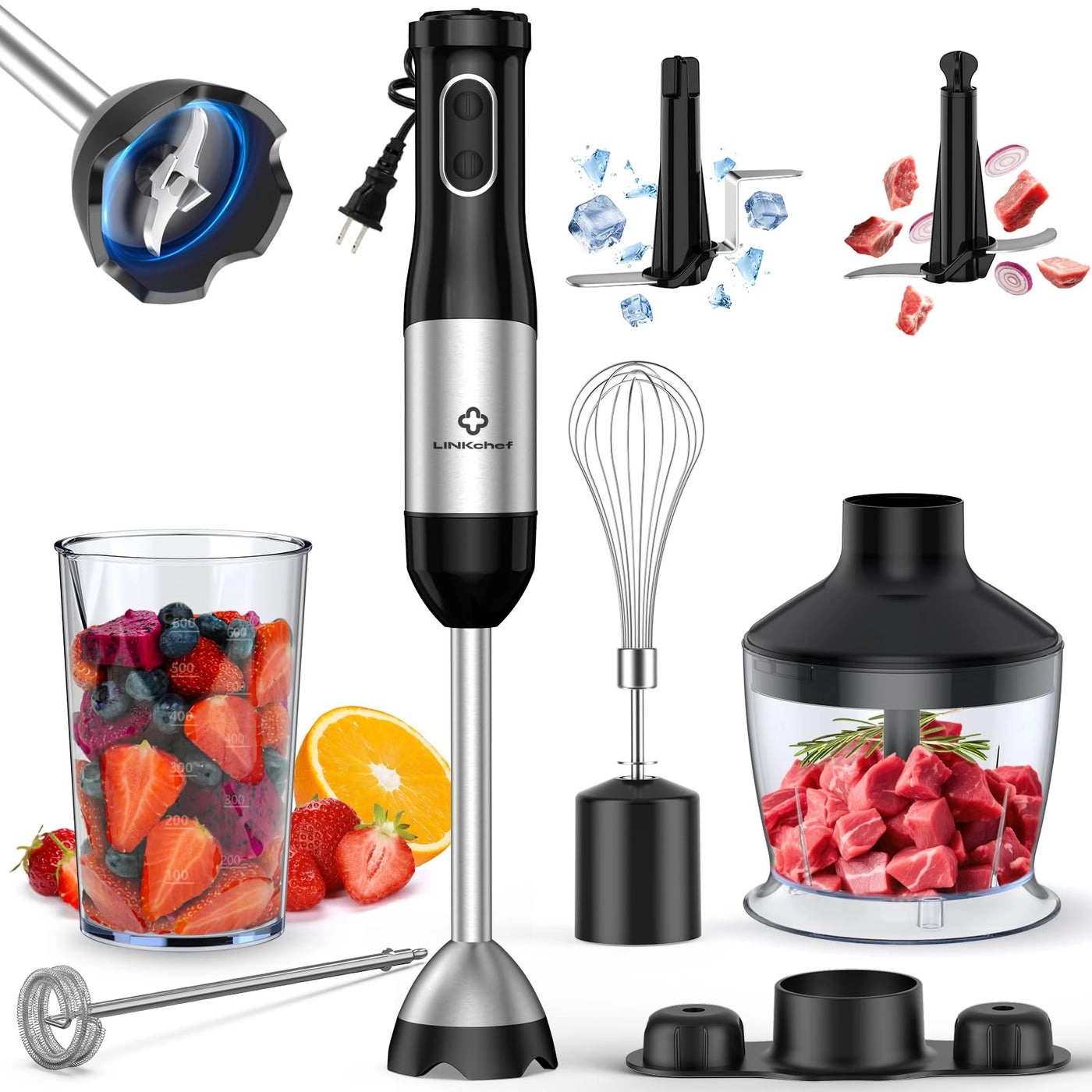 LINKChef 7 in 1 Immersion Blender - Handheld, Titanium Steel Blades, 20-Speed Turbo Mode