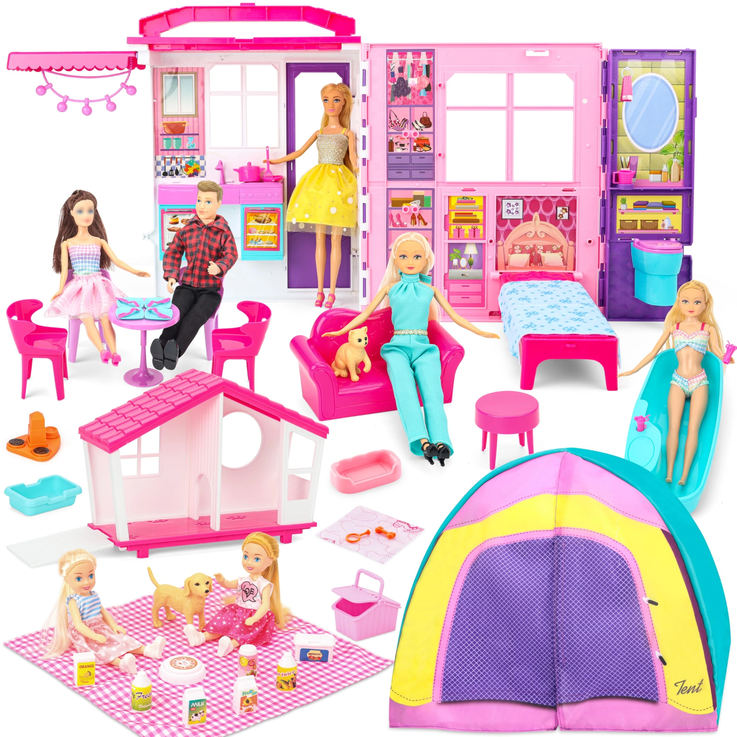 Style Shine Doll House - Portable Foldable 60+ Pcs 2 Dolls