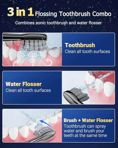 Electric Toothbrush with Water Flosser Combo - 3 Modes 5 Speeds Black