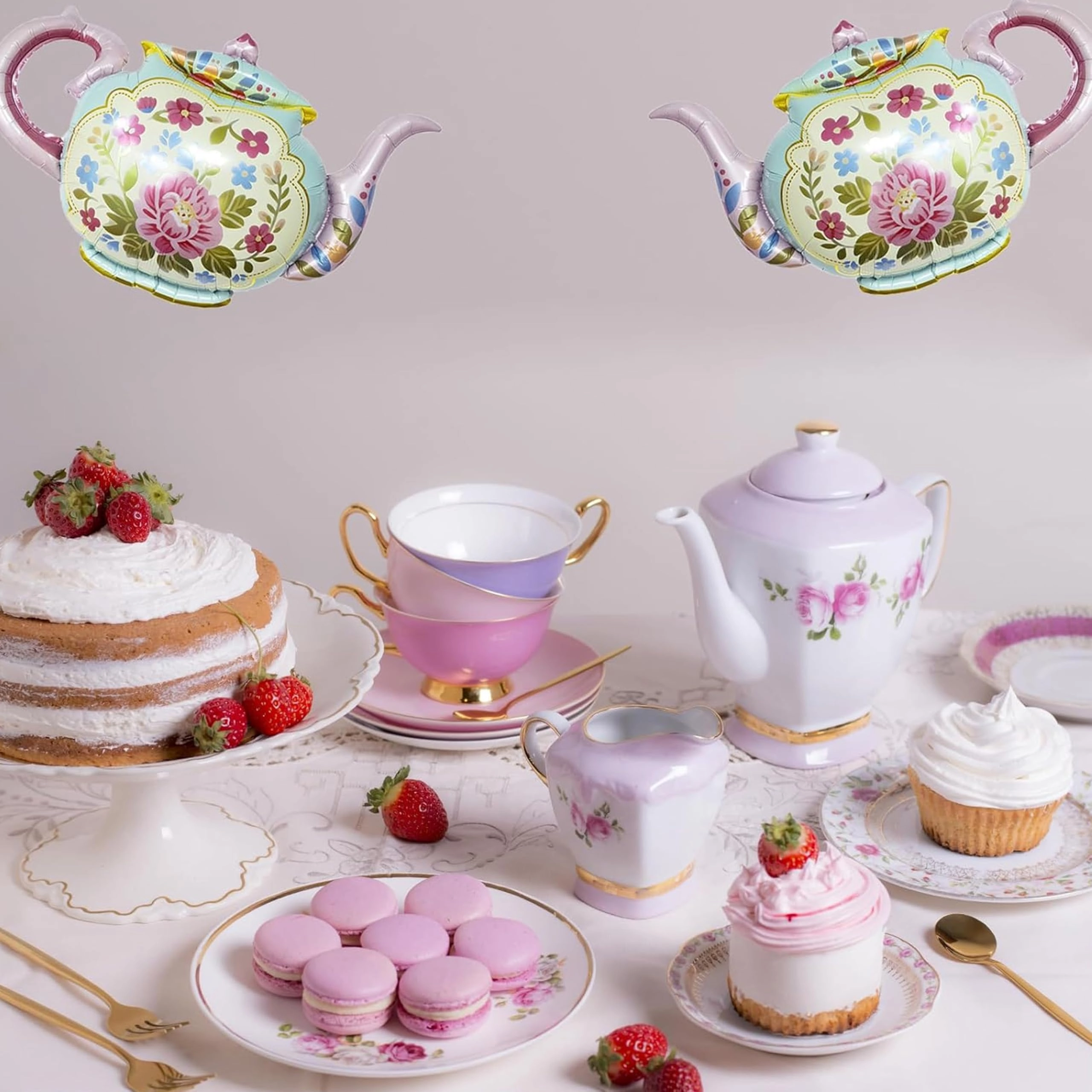 Tea Party Decorations - 1 “Let’s Partea” backdrop 1 teapot foil balloon 1 teacup banner 1 floral teapot tablecloth 18 pastel balloons Birthday