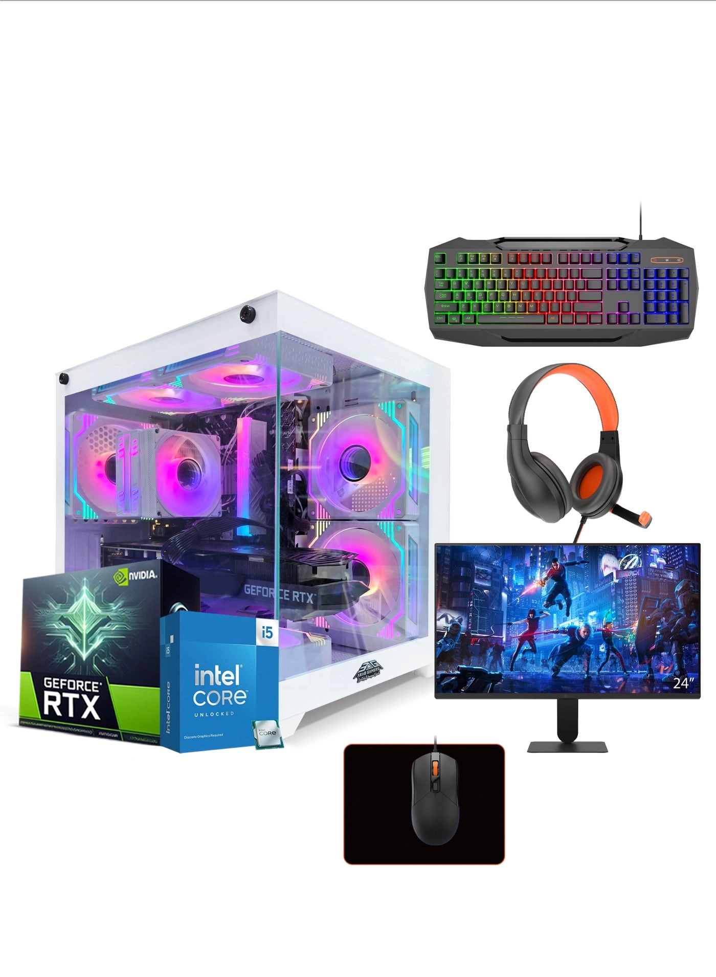 Arab Gamers NOVA All In One Bundle Gaming PC + FHD Monitor + Gaming Accessories Set - 32GB 24inch Intel Core i5-12400F
