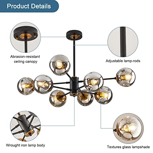 8-Light Sputnik Chandelier - adjustable height:39.2"(includes two 11.8" and two 7.8"rods)