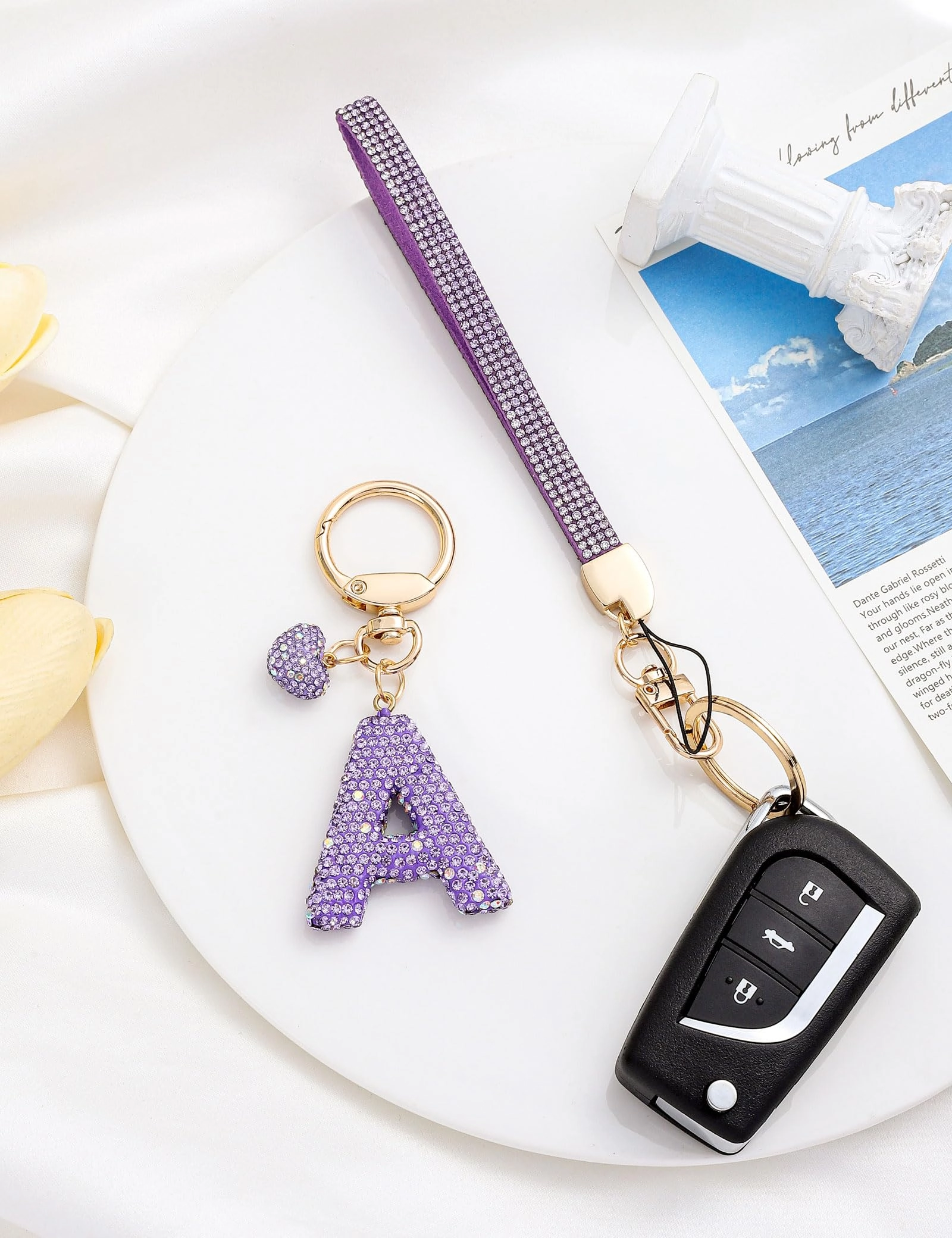 Initial Keychain - L Purple Rhinestone