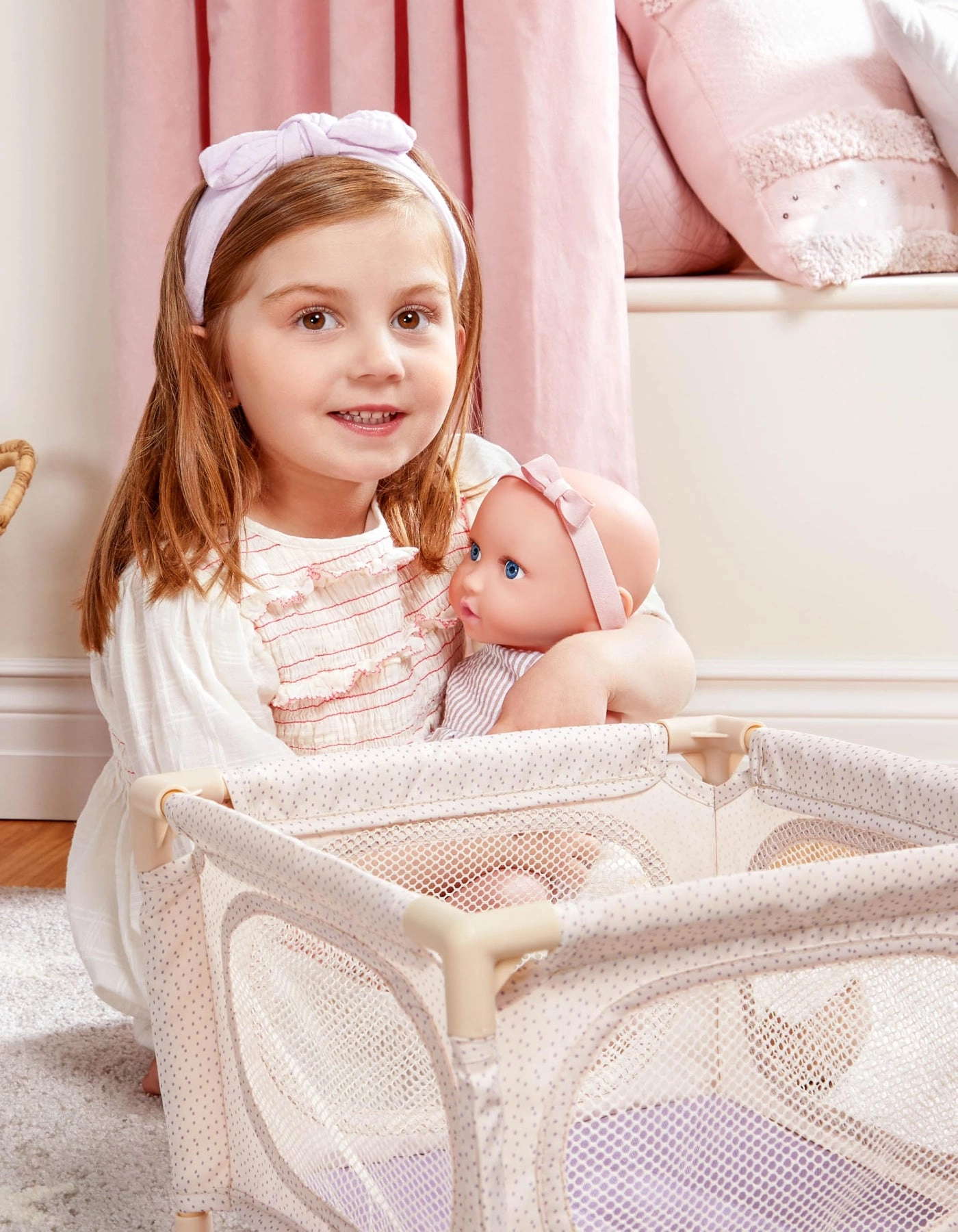 Baby Doll - 14-Inch Blue Eyes + High Chair - Removable Tray + Playpen + Jogger Stroller - Foldable Canopy Ages 2+