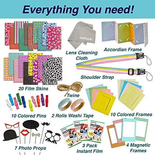 Backpack - Cobalt Blue + Instax Mini Film - 60 Sheets + Lens Cleaning Cloth + Strap + Washi Tape + Stickers + Photo Frames + Album