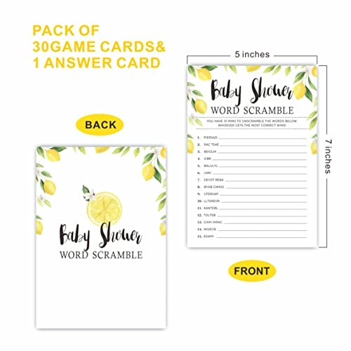 Watercolor Lemon Baby Shower Game Cards - 30 pieces Adult