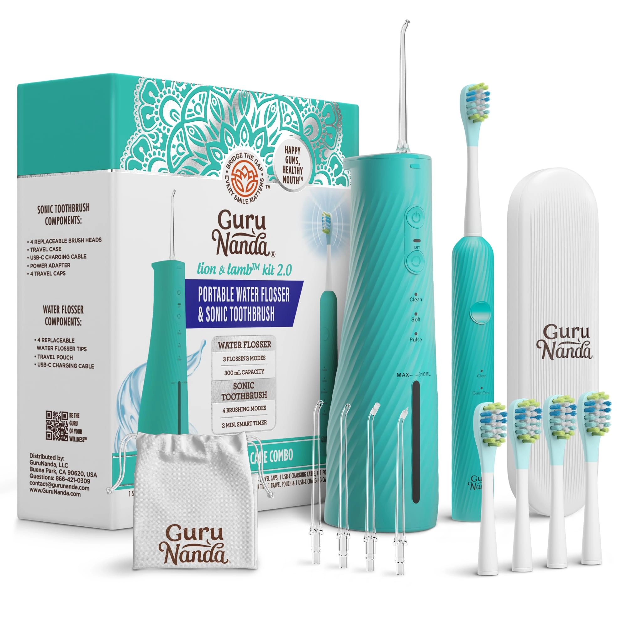 GuruNanda Lion & Lamb Kit 2.0 - 4 Brush Heads Lavender + Water Flosser - 4 Jet Tips IPX7 Waterproof