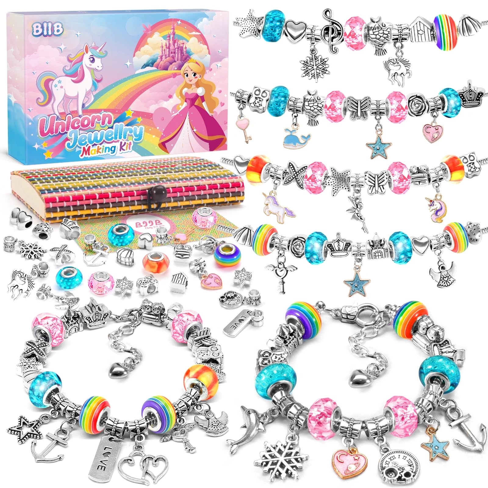 biib Unicorn Bracelet Jewellery Making Kit - Rainbow Mixed 3 Bracelets Customizable Charms