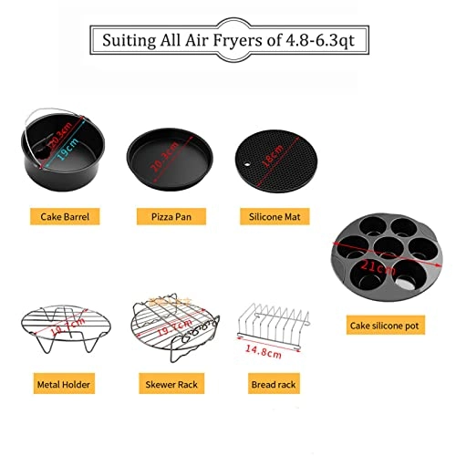 cake baking barrel + pizza pan + air fryer liners + silicone mat + cupcake pan + skewer rack + skewers + toast rack + metal holder + oil brush + plate gripper + silicone molds + silicone gloves - Stainless steel + silicone 12pcs/set