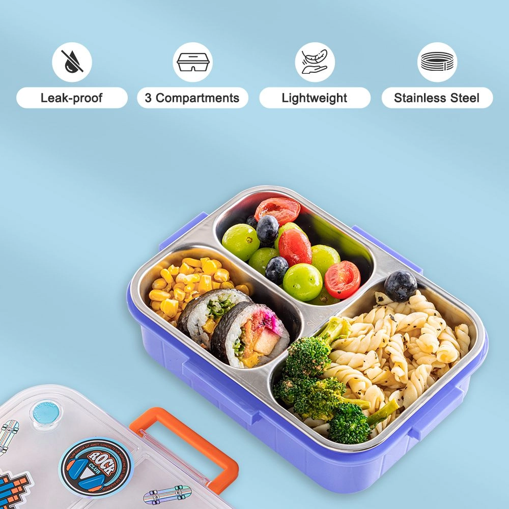 3 Compartment Stainless Steel Bento Lunch Box - Skate Board Purple 800ml