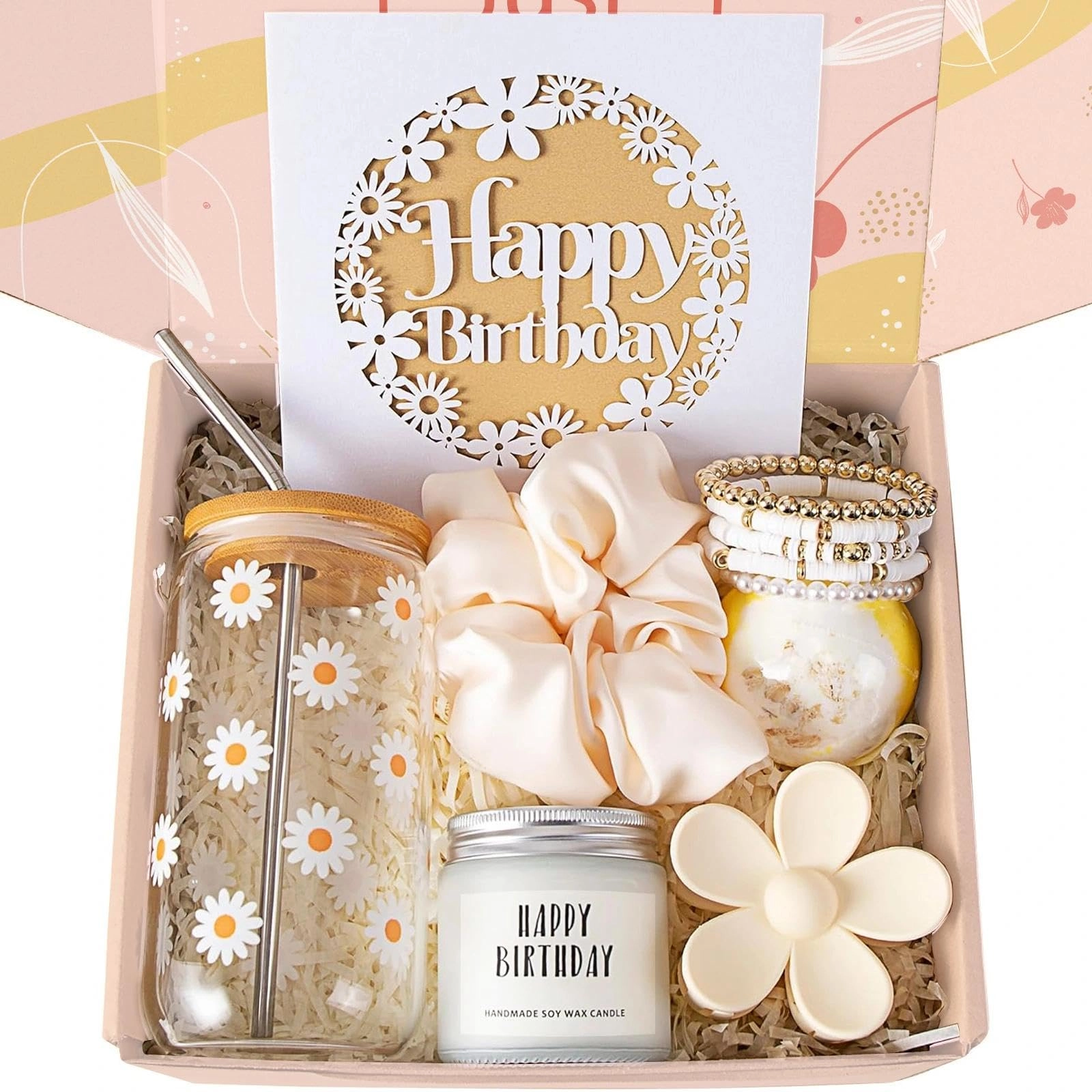 sylona Retro Flowers Glass Cup + Happy Birthday Card + Clay Beaded Bracelet + HAPPY BIRTHDAY Candle + Bath Bomb + Silk Scrunchie + Flower Hair Clip - 7 pcs