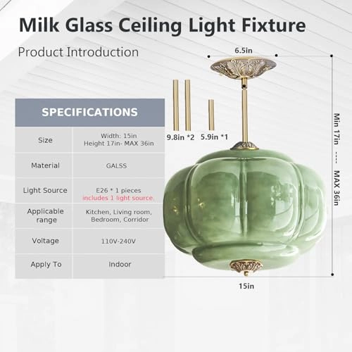 Antique Black Milk Glass Ceiling Light Fixture - 9.8 Inch Green