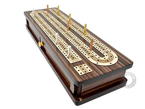 Continuous Cribbage Board - Inlaid Rosewood Maple 3 Tracks Sliding Lid Drawer
