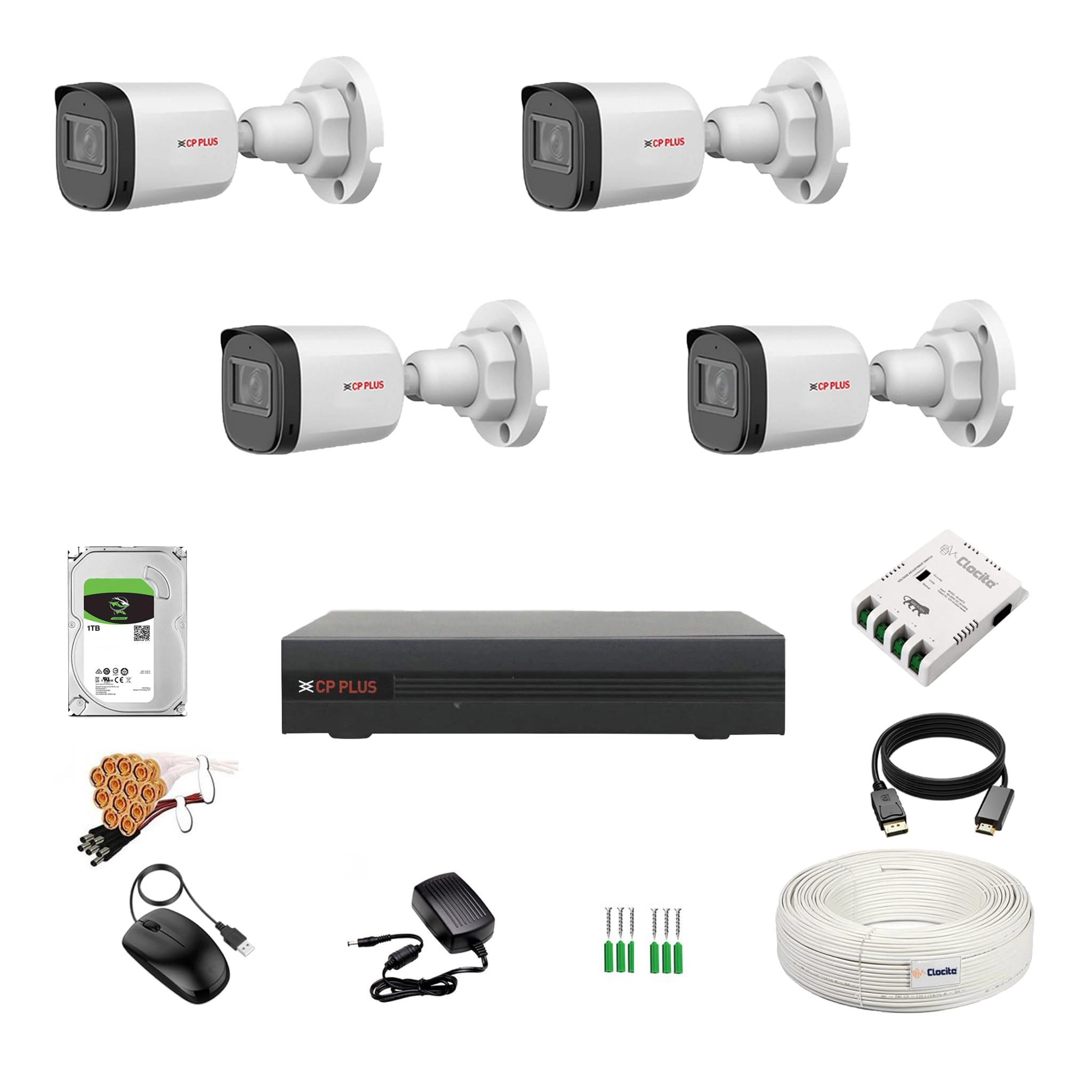 4 Channel DVR + Bullet Camera - 2.4MP + HDD - 1TB + Copper Cable Roll + 4 CH Power Supply + BNC & DC Full Combo Kit