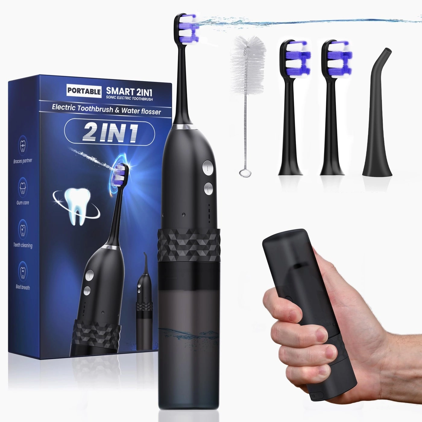 Duolosy Electric Toothbrush with Water Flosser 2 in 1 - Cordless Travel Black