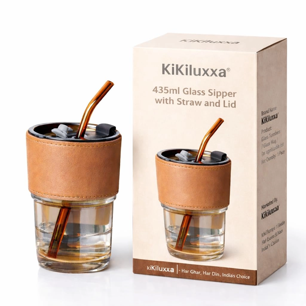 KiKiluxxa, KiKiluxxa -Surat-Gujarat-India Sipper Glass Tumbler - 1 pcs With Lid and Straw 435 ml