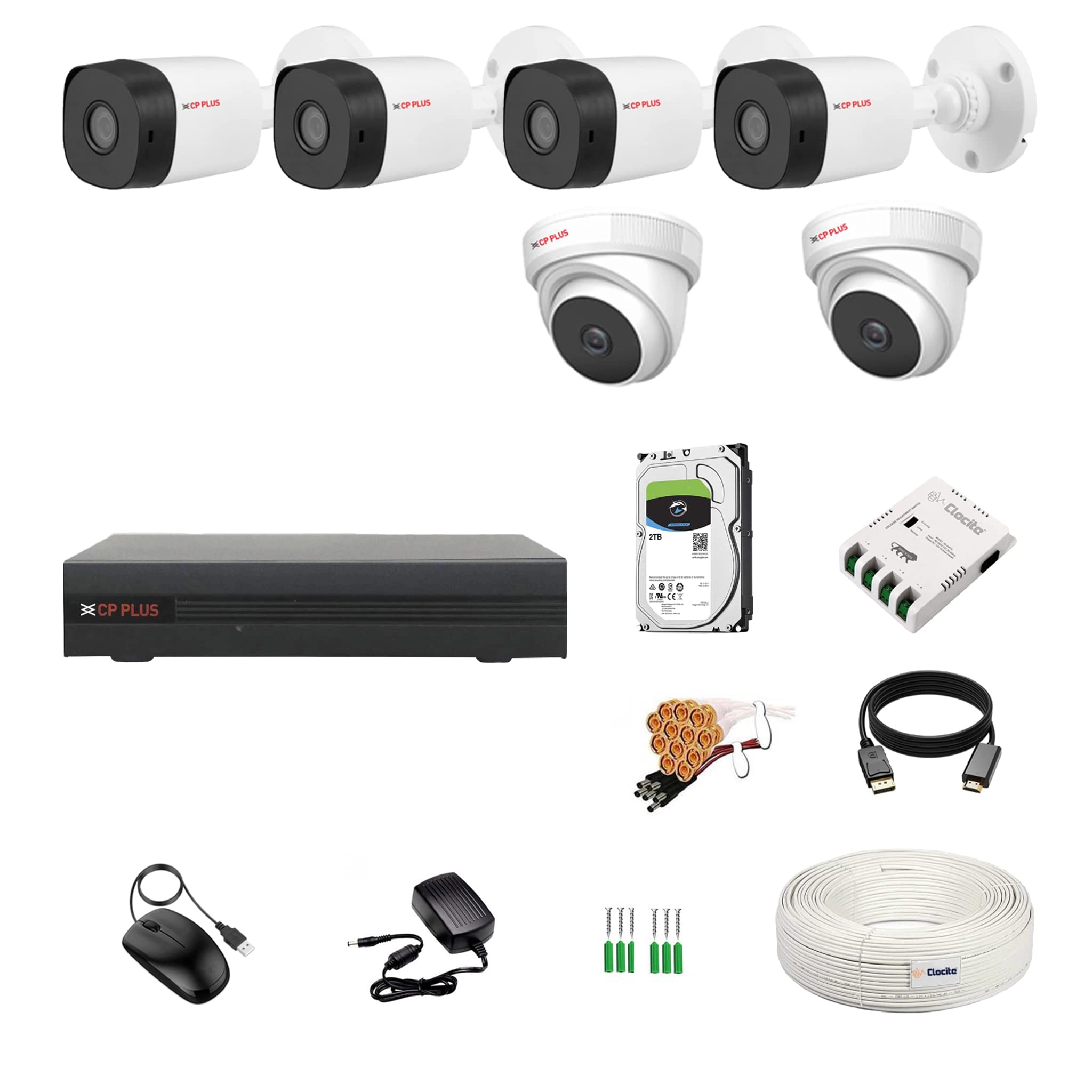 Aditya Infotech Ltd CP Plus 8 Channel DVR + 5MP Dome & Bullet Cameras + 2TB HDD + Copper Cable Roll + 8 CH Power Supply + BNC & DC Combo Kit