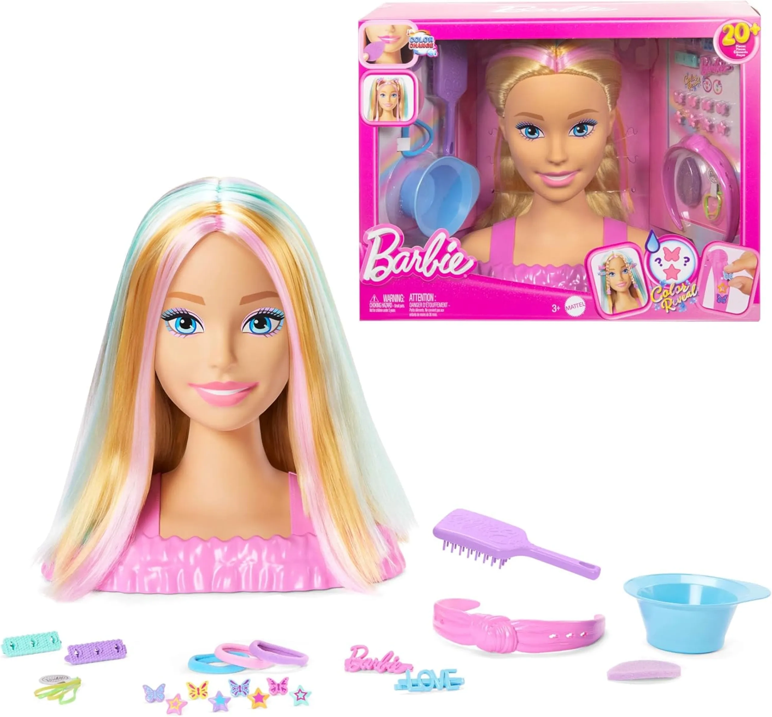 Barbie Younger Kid Styling Head Playset - Blonde hair with pastel pink, orange and turquoise streaks Color-Change Ages 3+