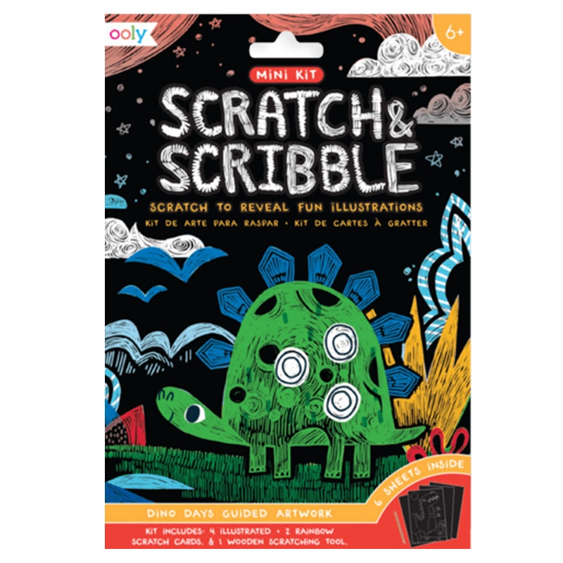 Mini Scratch & Scribble Art Kit - 4 illustrated scratch cards (4 x 6 inches) 2 rainbow DIY blank scratch cards (4 x 6 inches) 1 wooden stylus