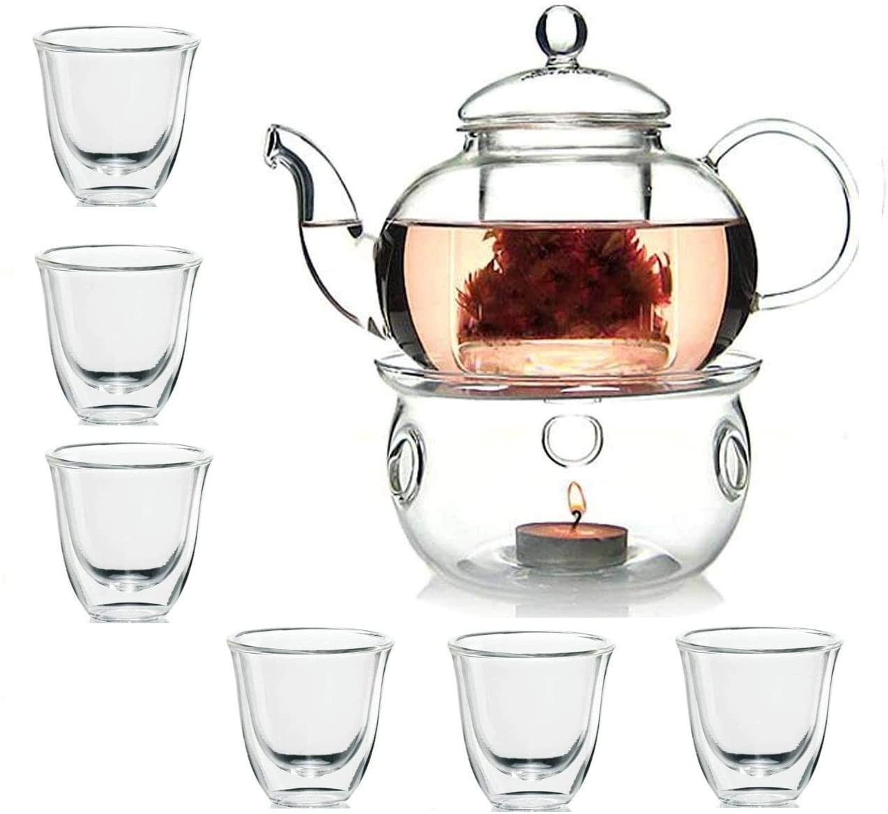 Lushh Borosilicate Teapot - 800 ML + Tea Warmer + Double Wall Cup - 80 Ml 6pcs