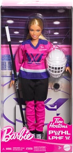 Barbie PWHL 2025 Fashion Doll - Pink, Purple & Teal Hockey Jersey Hockey Stick Puck Helmet Ages 3+