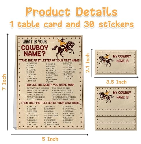 What's Your Cowboy Name Game - 1 double-sided printed sign and 30 stickers