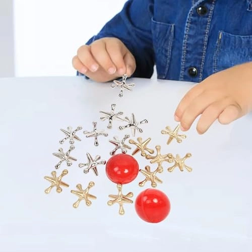 Jacks Table Grabbing Game - 8 silver jacks 8 gold jacks 2 red rubber balls