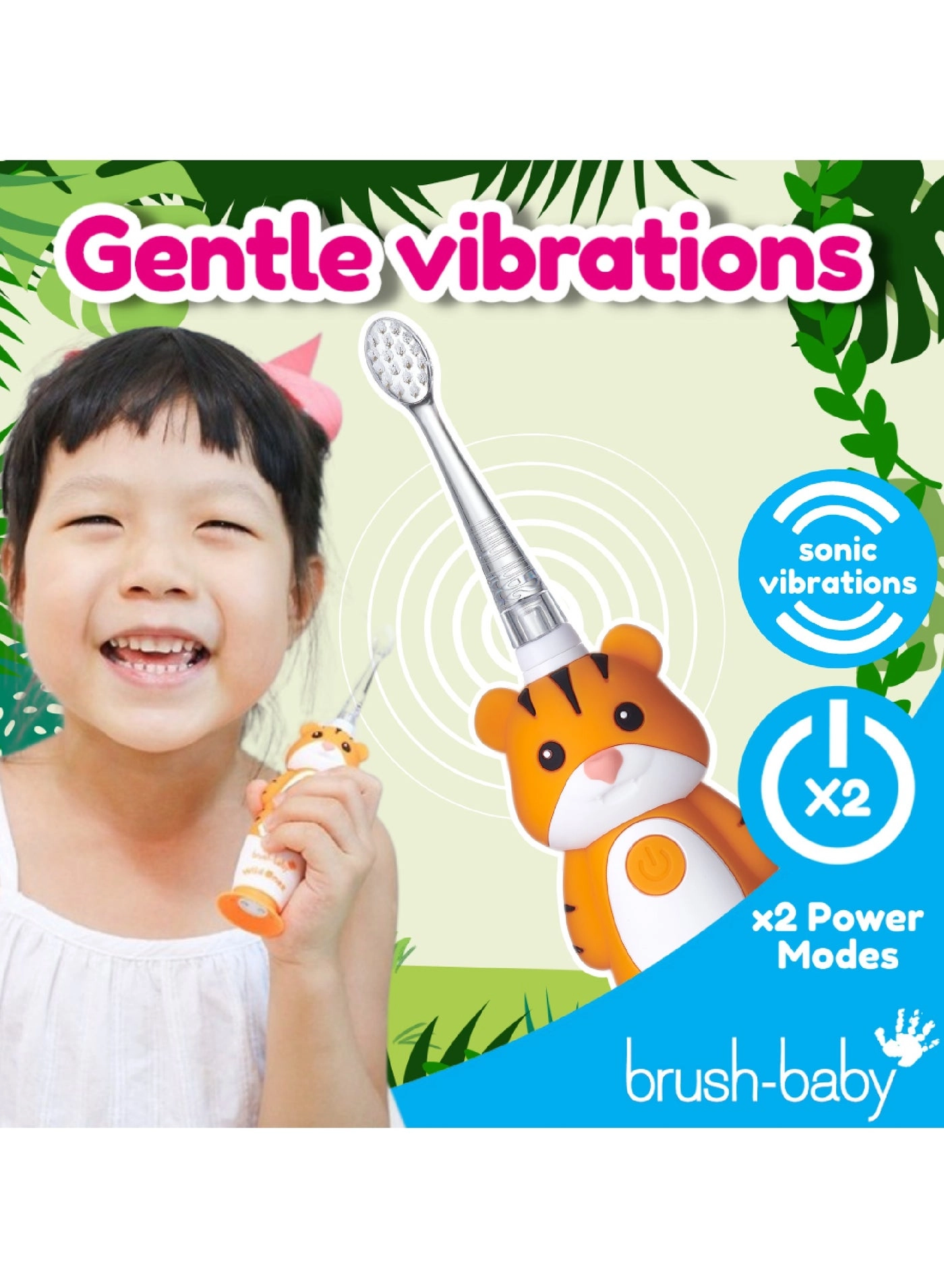Kids Rechargeable Electric Toothbrush - Fun Tiger Design Dual Mode LED Light