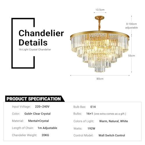 16 Lights Large Crystal Chandeliers - 3 Colors Temperature Adjustable