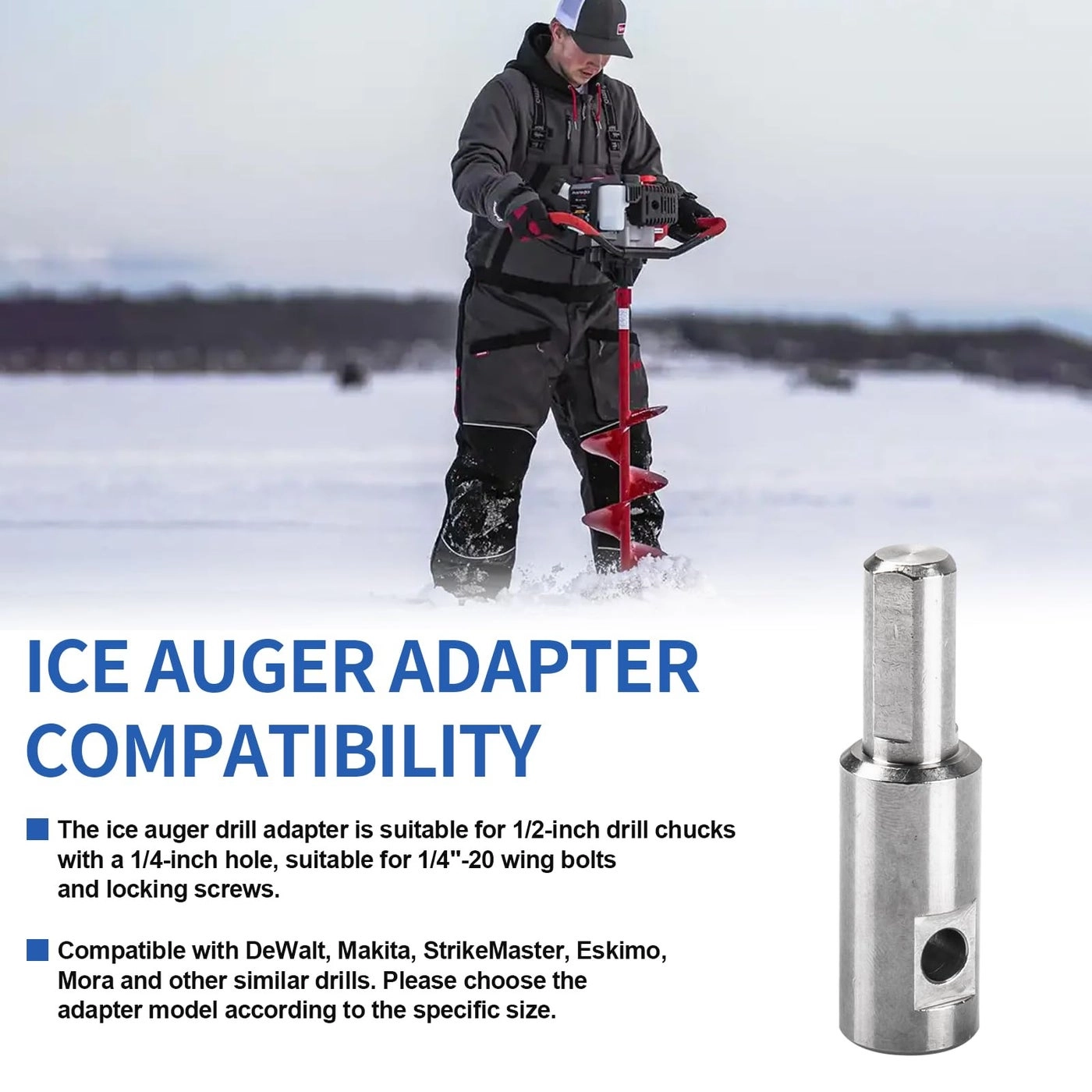 Ice Auger Drill Bit Adapter - Fits 1/2" Plus Drill Chucks 1/4" Hole 1/4"-20 Wing Bolts & Locking Screws