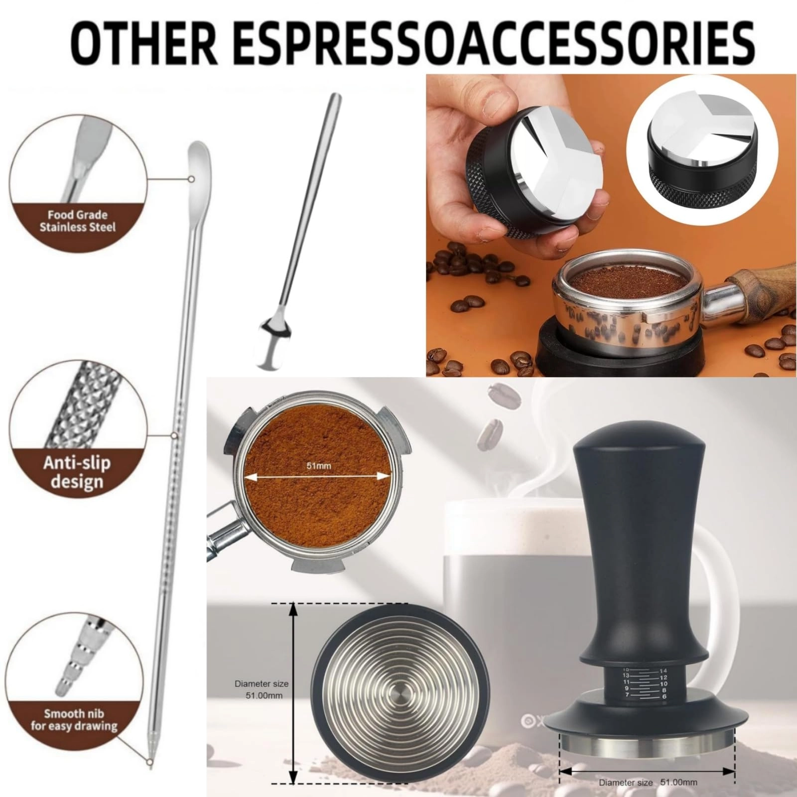 58mm Coffee Tamper + WDT Tool + Tamper Mat + Frothing Pitcher - 350ml + Decorating Stencils + Latte Art Pen + Coffee Stirring Spoon + Dosing Funnel + Coffee Sifter