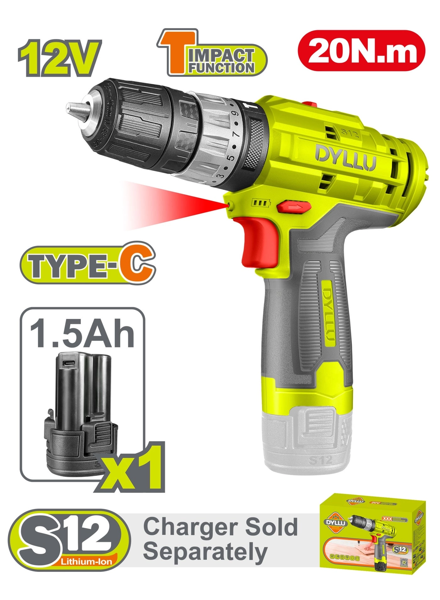 DYLLU Cordless Impact Drill - 12V 22500BPM