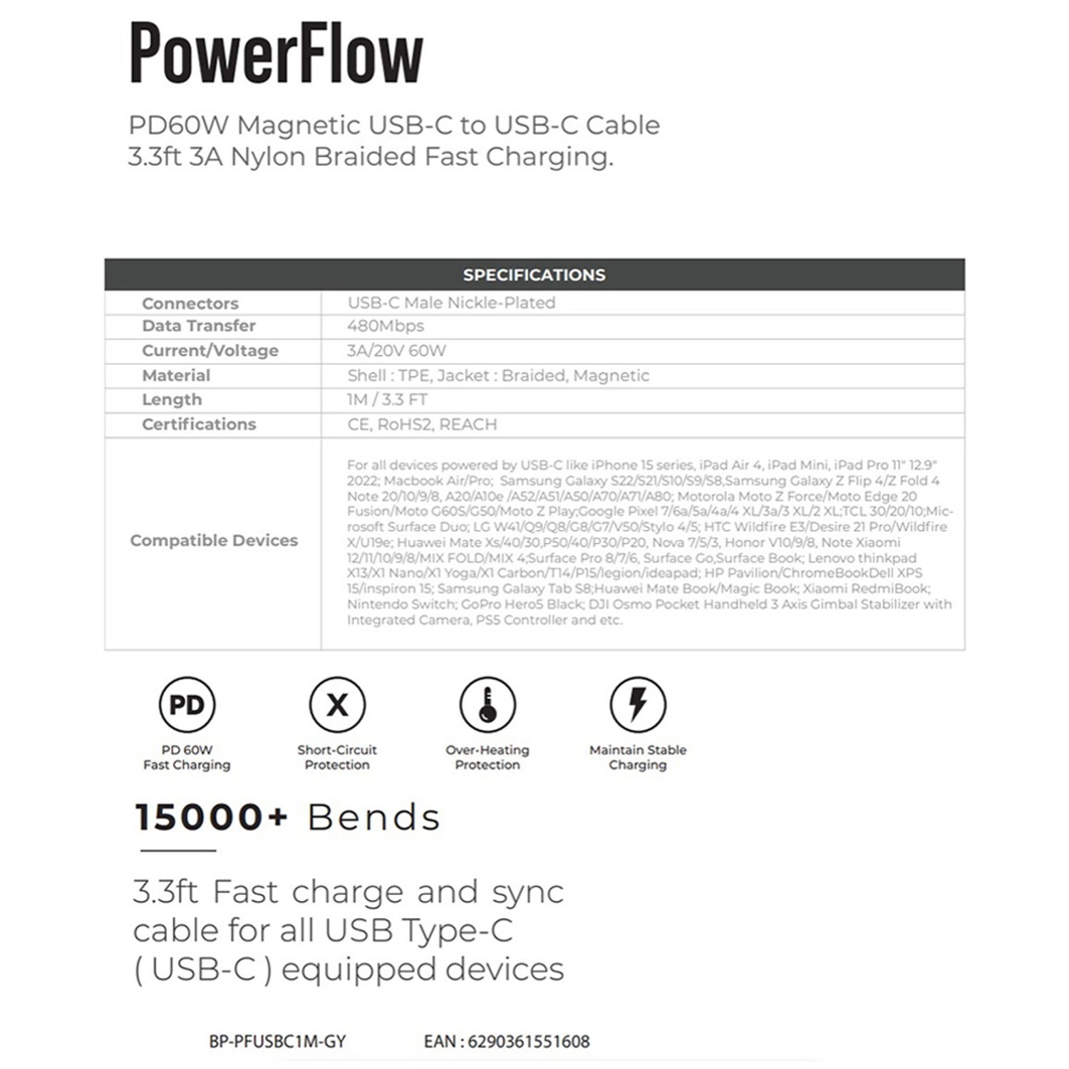 PowerFlow PD60W Cable USB-C to USB-C 1m