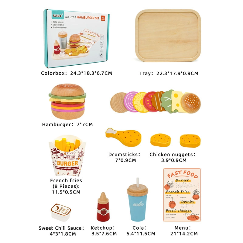 Kids Wooden Fast Food Burger & Fries Playset - 15+ Pcs