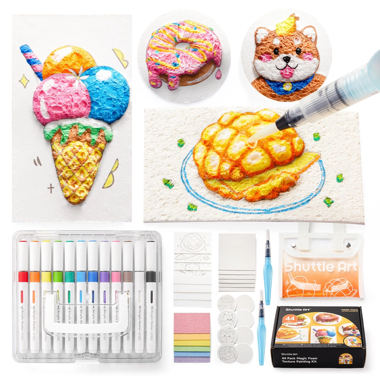 Shuttle Art SA FTK44 - 44 pcs 28 pcs foam texture paper 12 colours brush tip acrylic paint markers 2 water brushes