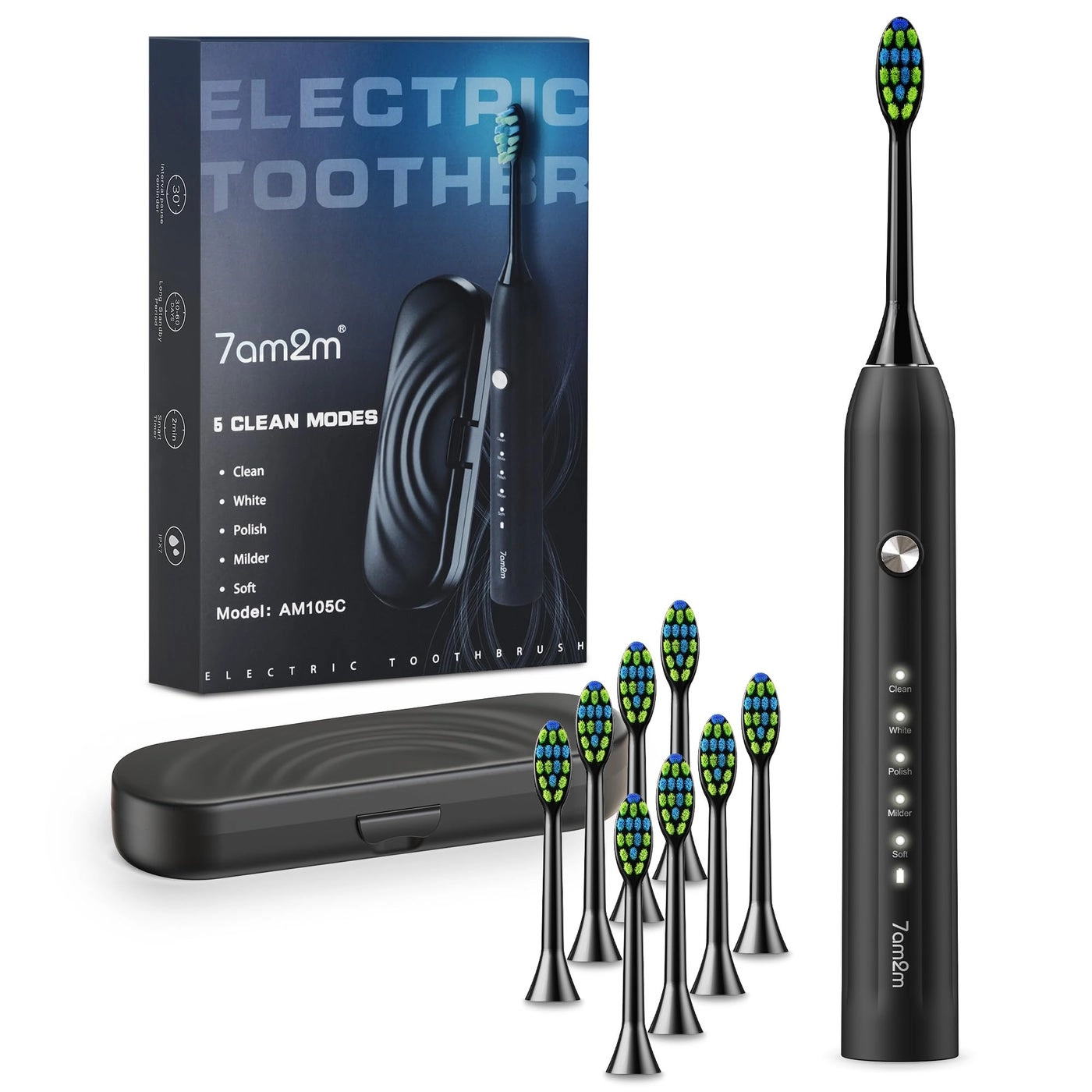 Sonic Electric Toothbrush - 8 Heads 5 Modes Midnight Black