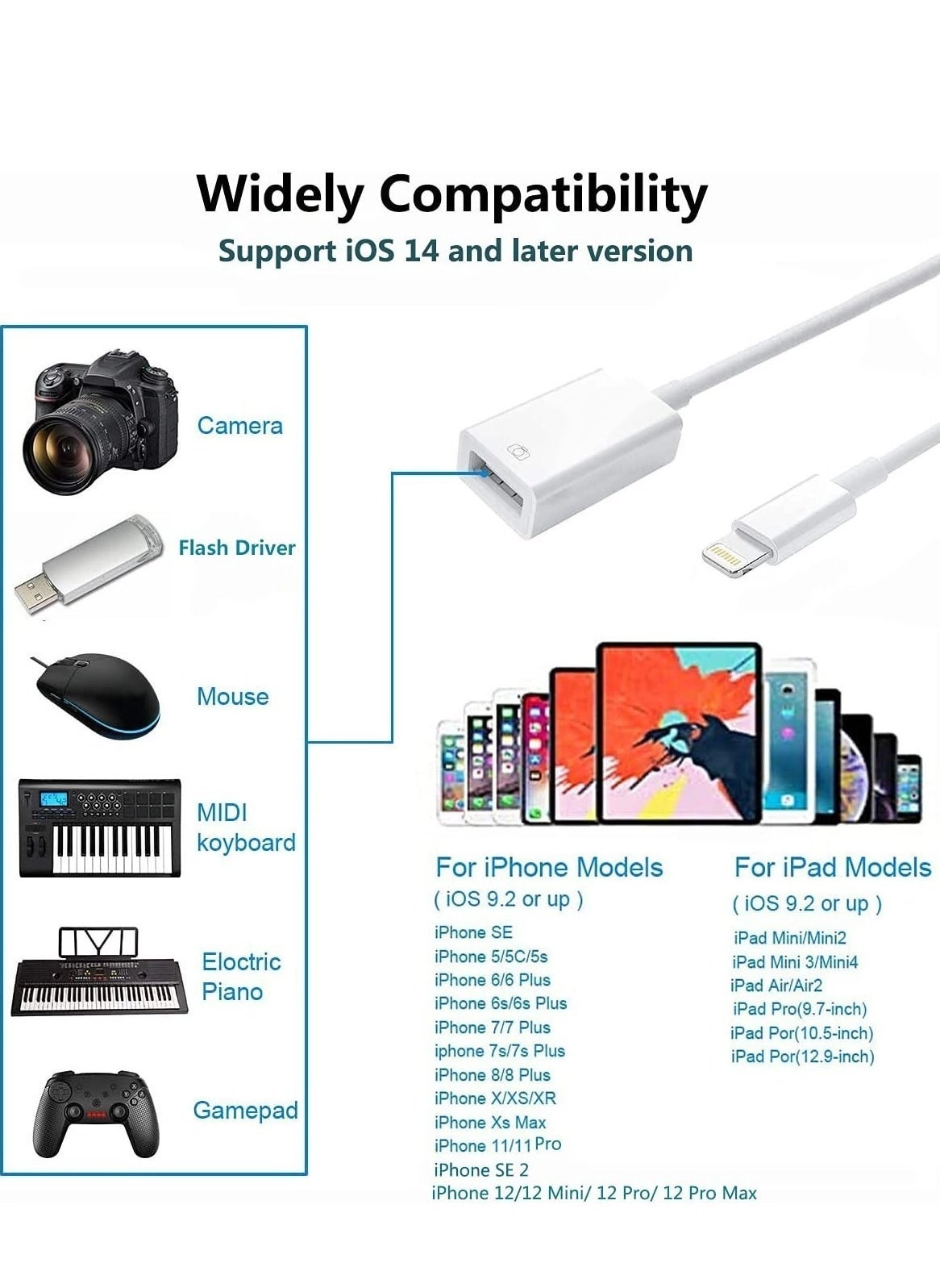 Lightning to USB Camera Adapter Lightning to USB OTG Data Sync Cable