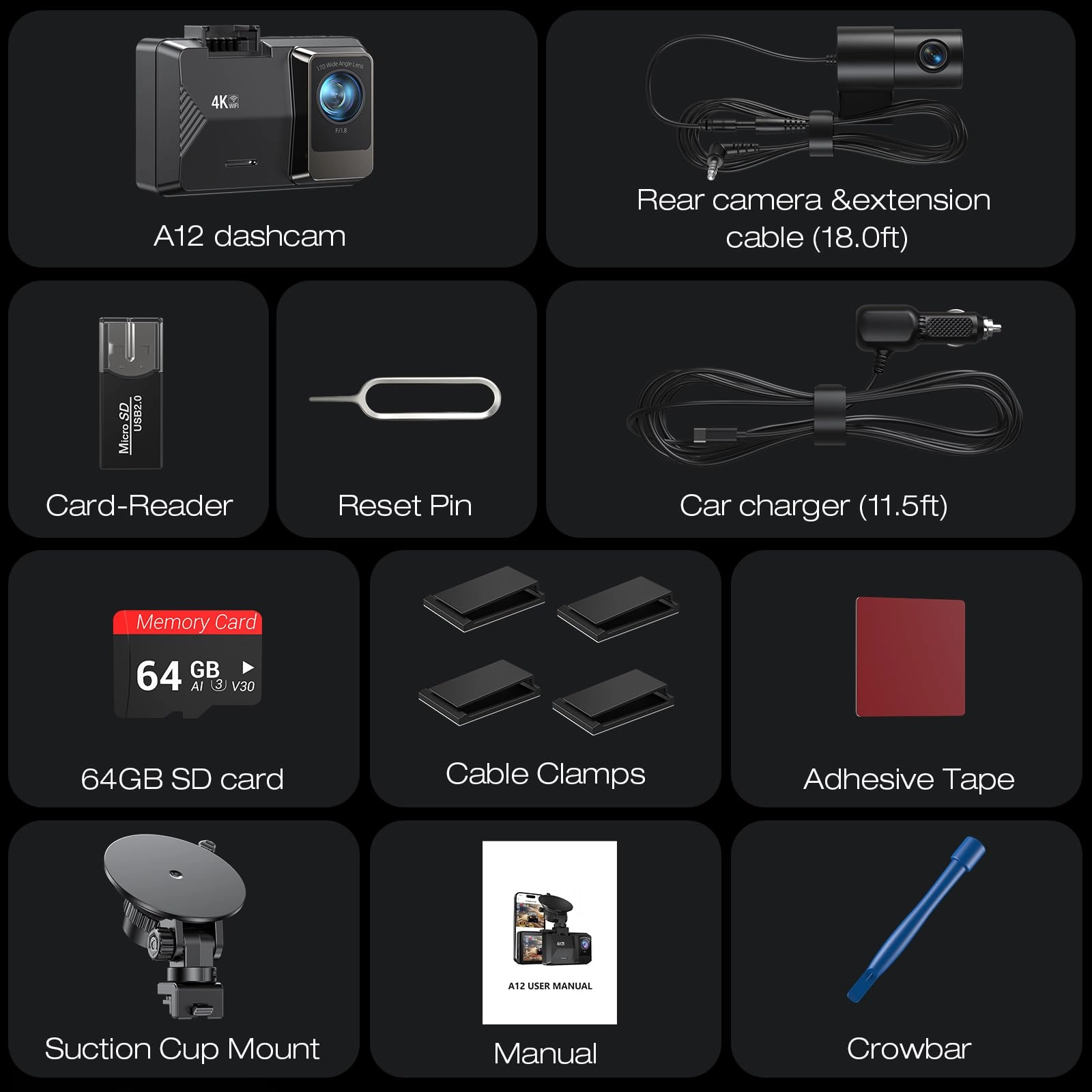 A12 - 4K(30fps) Front Camera + 1080P(25fps) Rear Camera