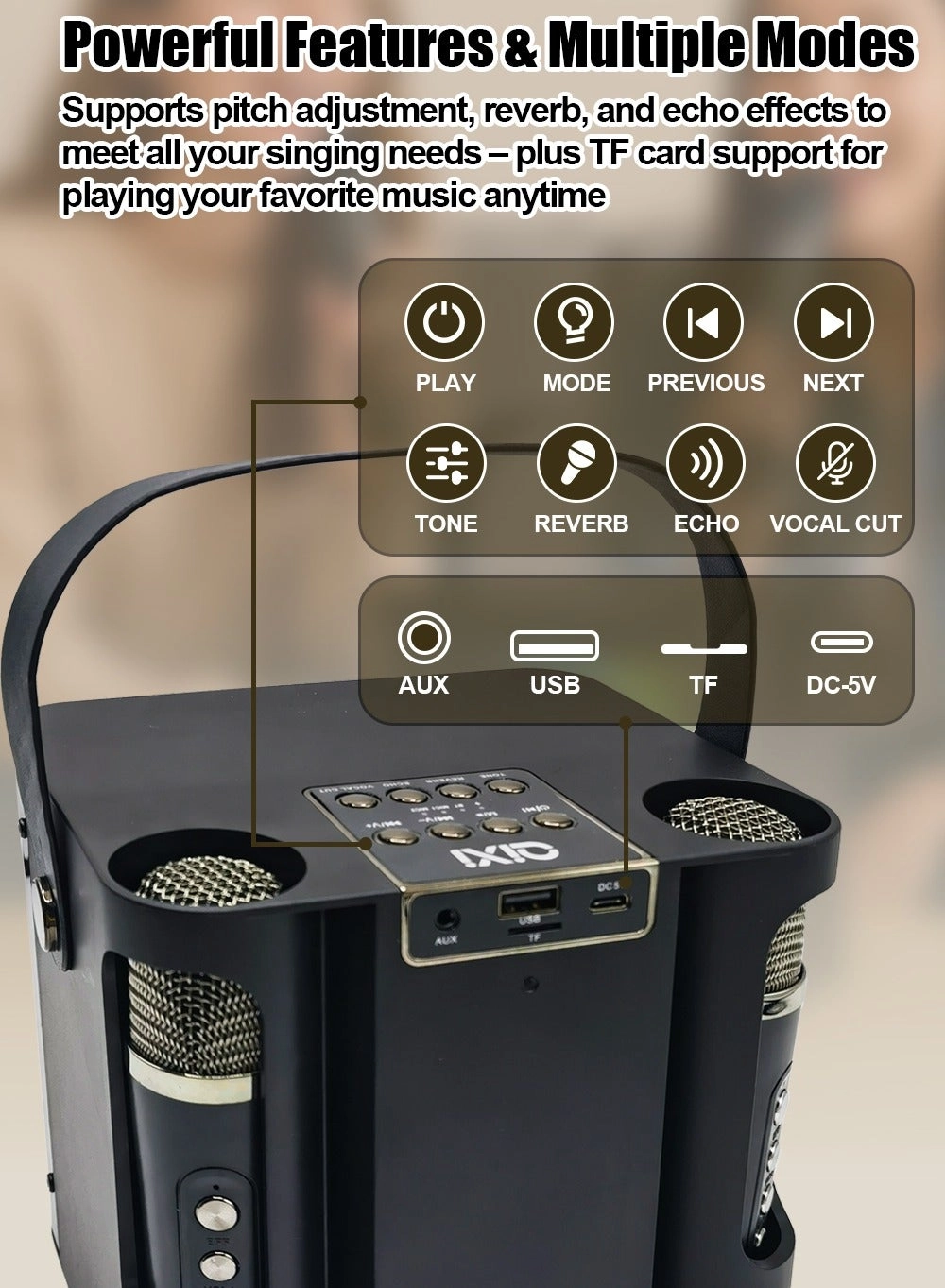 Portable Karaoke Machine - 2 wireless Bluetooth microphones