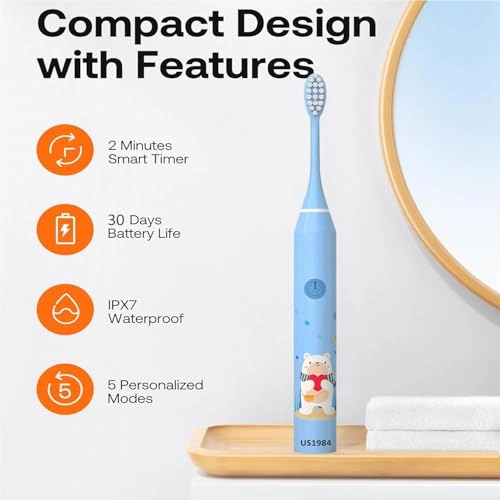 Kids Sonic Tooth Brush - 5 Modes 3 Brush Heads Rechargeable