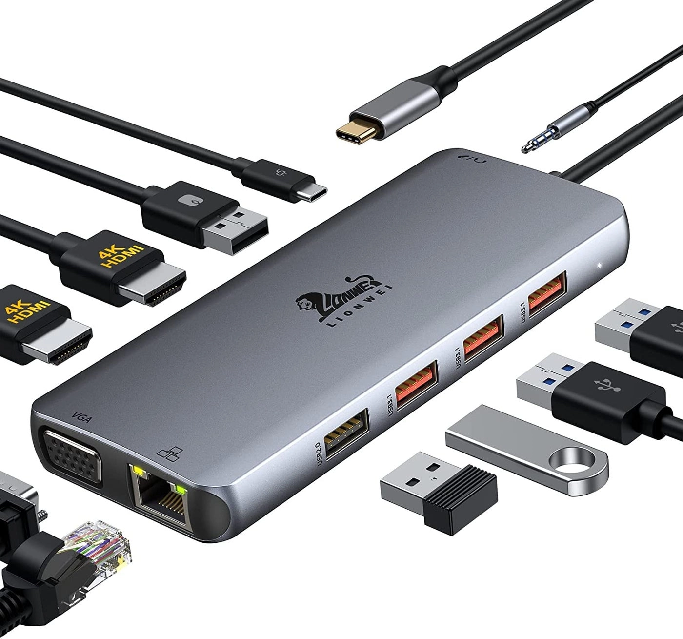 LIONWEI Laptop Docking Station - 11-in-1 Dual Monitor 4K HDMI